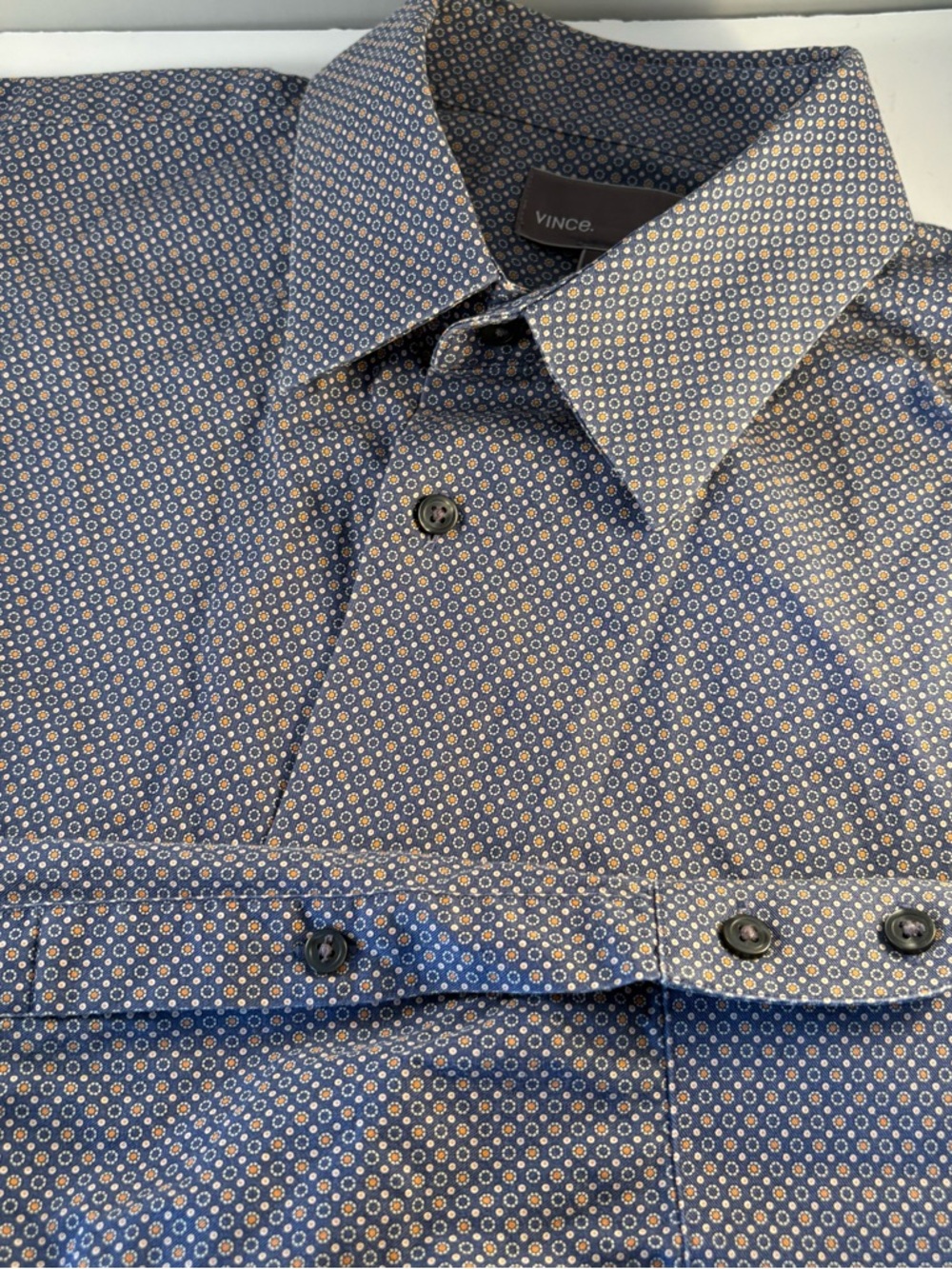 Vince. Men's M Button Up Shirt Long Sleeve Blue Orange Micro Geometric Cotton